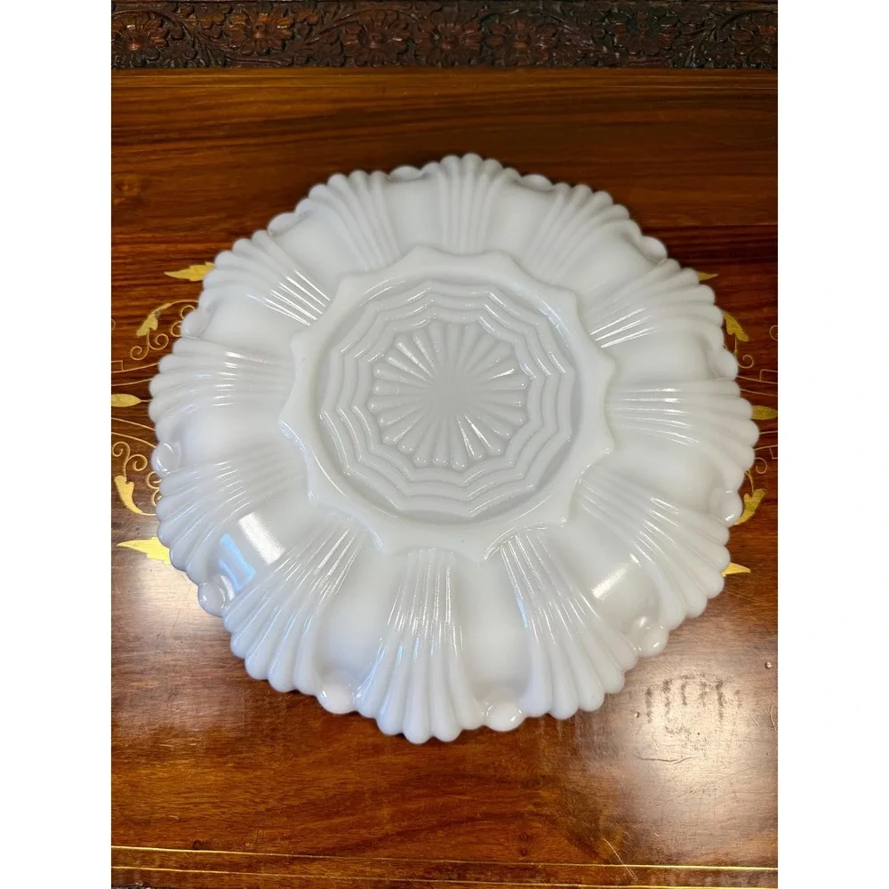 Vintage Milk Glass Deviled Egg Platter • Scalloped Gold Trim Serving Tray